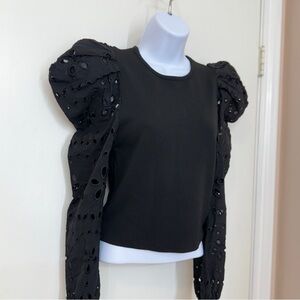 ZARA Women Black Long Puff Eyelet Sleeves Top, Size M, NWOT
